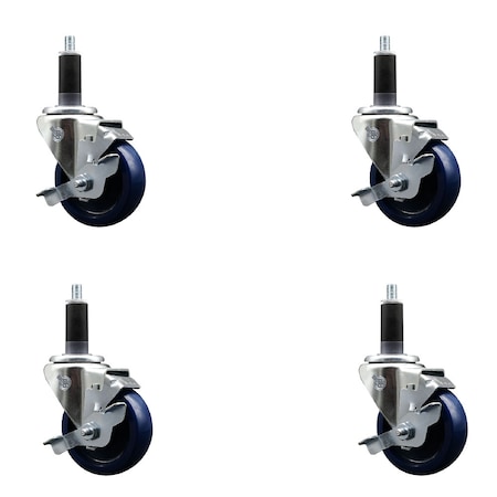 Service Caster 3.5'' SS Solid Poly Swivel 1-1/8'' Expanding Stem Caster Set with Brake, 4PK SCC-SSEX20S3514-SPUS-TLB-118-4